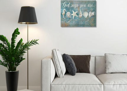 Ocean Beach Nautical Seashell Starfish Wall Art God Says You Are Wall Decor Rustic Shell Coastal Theme Pictures Canvas Prints Framed Modern Artwork for Home Living Room Bedroom Bathroom 16"x12"