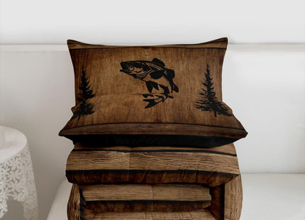 Manfei Pike Fish Comforter Set Toddler Size,Rustic Farmhouse Brown Wooden Bedding Set 2pcs,Fishing and Hunting Down Comforter for All Season,Kids Boys Girls Room Decor,1 Pillowcase,No Sheets