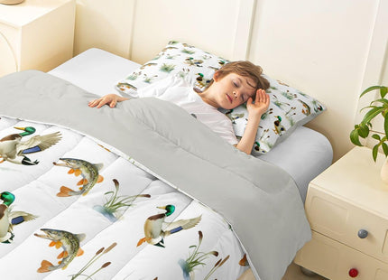 Erosebridal Mallard Duck Toddler Comforter Set Bass Fish Hunting Bedding Set for Kids Boys Girls Wild Duck Reed Woodland Comforter Pike Fish Waterfowl Duvet Insert