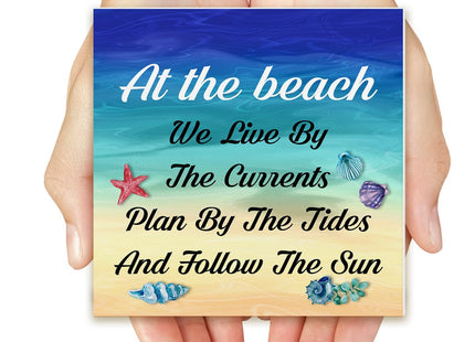 Summer Beach Decor Seashell Wood Block Sign Summer Decorations for Home Desk Table Shelf 5 x 5 Inches