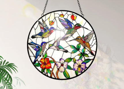 Hummingbird and Flowers Stained Glass Window Hanging - 8″ Hummingbird Suncatcher Indoor Window Hanging Decor Birds Ornaments with Chain and Hooks - Hummingbird Gifts for Women Mom Grandma Bird Lovers