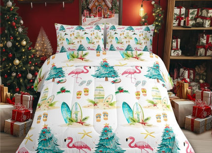 Christmas Beach Bedding Comforter Sets Queen,Watercolor Summer Christmas Trees Flamingo Bedding Set for Bedroom,Seaside Surfboard Slippers Summer Theme with 1 Comforter and 2 Pillow Cases