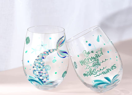 NymphFable Mermaid Set of 2 Hand-Painted Stemless Wine Glasses, 18 oz