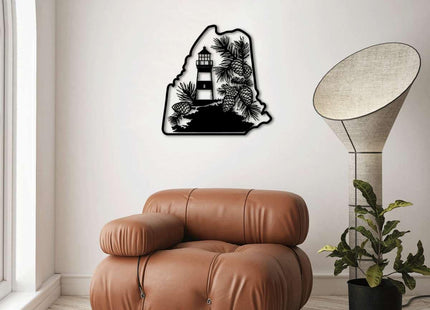 Maine Lighthouse and Pine Cones Metal Wall Art Metal Outdoor Decor Metal Signs Rustic Farmhouse Style Stunning Wall Decor Elegant Home Decoration for Living Room Bedroom (Black,16inch)