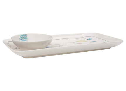 Creative Co-Op Coastal Stoneware Serving Platter and Dip Dish with Mermaid and Sea Life Illustrations, Multicolor