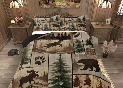 Feelyou Western Rustic Bear Deer Comforter Set Full Size, Country Farmhouse Duvet Insert, Rustic Cabin Bedding Set,Elk Forest Animal Wildlife Hunting Patchwork Lodge Quilt, 2 Pillow Shams
