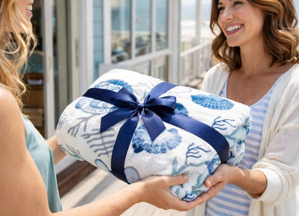 Nautical Coastal Fleece Throw Blanket, Blue Grey White, 50x70, Oversized