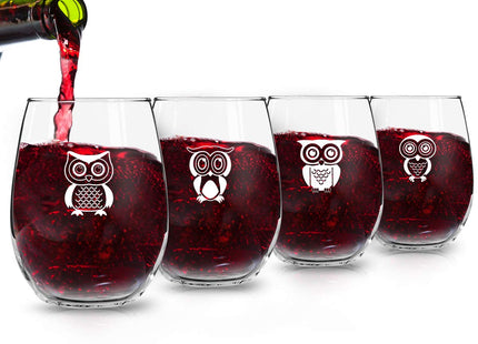 Cute Owl Wine Glass Set of 4 | Stemless Wine Glasses with 4 Unique Loveable Owls | 15 oz. Owl Decor Glasses | Makes Fun Owl for Women | Great Owl Kitchen Decor or New Home Gift Ideas | USA Made