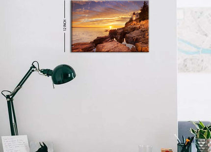 Sunset Coastal Wall Art Bass Harbor Beach Bathroom Decor Acadia National Park Poster Ocean Landscape Canvas Prints Pictures Modern Nature Lighthouse Artwork for Living Room Home Decoration 12x16"