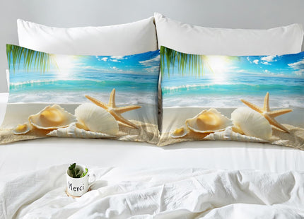 Erosebridal Beach Themed Sheets Blue Ocean Bed Sheets King Seashell Starfish Printed Sheet Set Beach Coastal Fitted Sheet for Kids Teens Adults Soft (1 Flat Sheet + 1 Fitted Sheet + 2 Pillowcases)