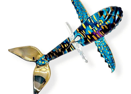 WitnyStore 5¼" Blue Gold Dotted Whale On Stand Artistic Blown Glass Figurine Premium Hand-Blown Statue Tabletop Decoration Unique Collectible for Adult Collectors Handcrafted Elegant Home Room Decor
