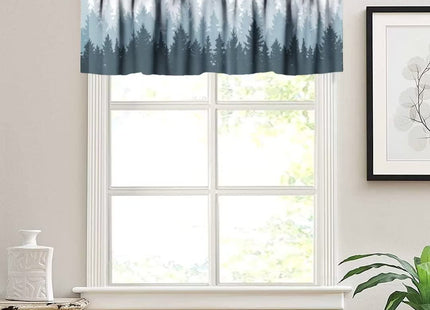 Foggy Forest Valance Curtain, Green Coniferous Tree Silhouette Mist Landscape Windows Curtain Valance for Kitchen Dining Room Canteens Home Decor, One Panel 54x18in