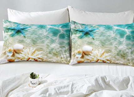 Erosebridal Ocean Bed Sheet Set Blue Beach Fitted Sheet Coastal Nature Theme Pattern Bed Sheet Set for Kid Child Boys Girls Bedroom Decor 1 Pillowcase (Teal,Green,Twin,Not Include Flat Sheet)
