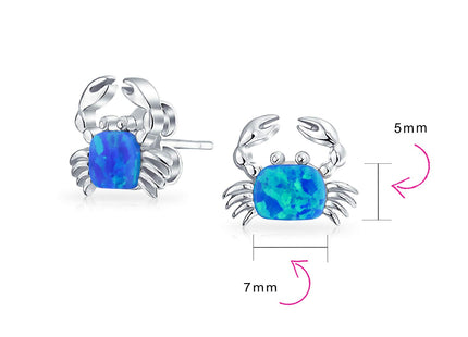Blue Opal Delicate Nautical Created Crab Stud Earrings .925 Sterling Silver