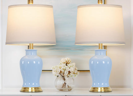 23" Modern Blue Ceramic Table Lamps Set of 2, Coastal Ceramic Lamps for Living Room, Classic Bedside Lamp with Ginger Jar Design, Elegant Bedroom Lamp for Night stand Desk Side End Table Home Decor