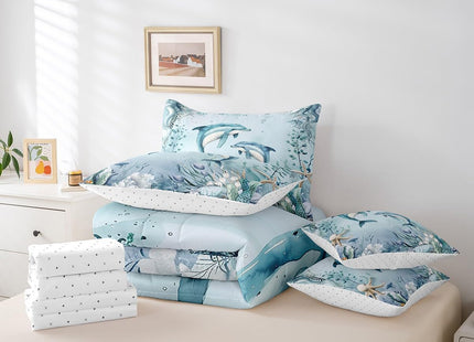 Erosebridal Dolphin Teal Blue Comforter Set 7 Piece Bed in A Bag Twin