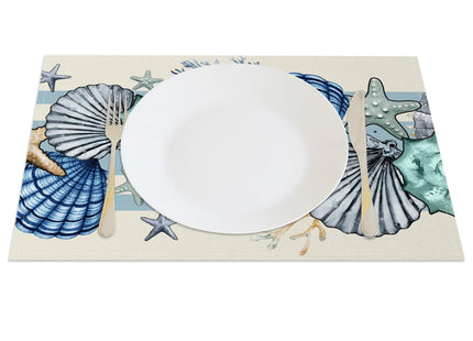Sea Shell Starfish Beach Placemats Set of 4, 12x18 Inch Seasonal Spring Ocean Coastal Washable Linen Nautical Table Mats for Party Kitchen Dining Decoration