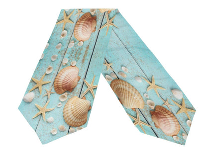 Double-Sided Ocean Theme Seashell Starfish Blue Wooden Table Runner 13 x 70 Inches Long,Table Cloth Runner for Wedding Party Holiday Kitchen Dining Home Everyday Decor