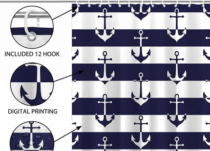 DLRIUAZEP Nautical Anchor Shower Curtain, Navy Blue and White Striped, Bathroom Decor Waterproof Fabric Shower Curtains Sets with 12 Hooks 72x72 Inch