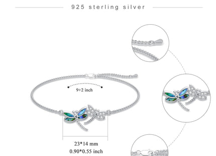 AOBOCO 925 Sterling Silver Dragonfly Anklet for Women Abalone Adjustable Foot Link Bracelet Anklet, Dragonfly Gifts for Women