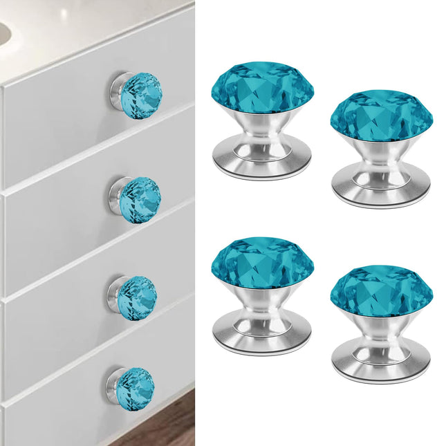 CcHhyyt 4 Pcs Adhesive Crystal Knobs Stick On Cabinet Handle Turquoise K9 Crystal Pulls Peel and Stick Dresser Pulls for Mirror Cabinet Drill Free Knobs for Glass Sliding Doors Fish Tank Lid Terrarium