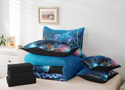 Erosebridal Gradient Jellyfish King Comforter Set 7pcs Sea Animal Bedding Comforter Sets, Underwater World Bed in a Bag Ocean Theme Bedding Set, Marine Beach Bed Sheets Set Coastal Room Decor