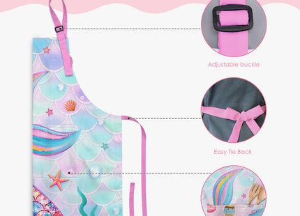 SANDJEST Mermaid Kid Apron for Girls with Pocket & Chef Hat, Polyester Baking Painting Gardening Apron, Gift for Christmas Birthday