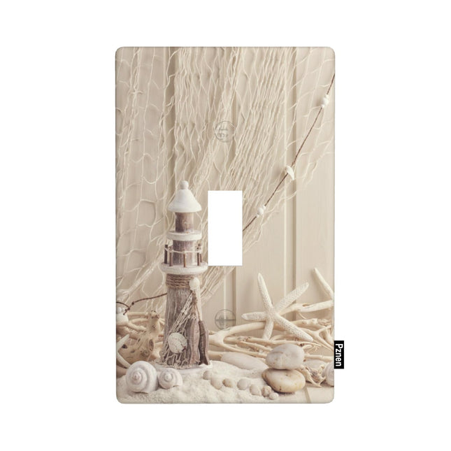 Pznen Nautical Coastal 1-Gang Single Toggle Wall Plate, Sea Shell Lighthouse Starfish Light Switch Cover Plates 4.5"x 2.76" for Living Room Kitchen Home Decor