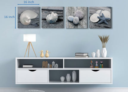 Renditions Gallery Beach Wall Décor Seashell Picture Prints Set of 4 Canvas Wall Art 16 x 16 inches Each Solid Wood Artwork for Cabin Home Office