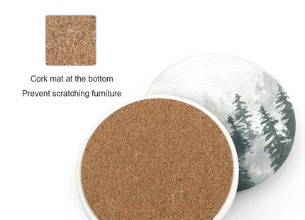 Lahome Forest Pattern Coasters - Round Drinks Absorbent Stone Coaster Set with Ceramic Stone and Cork Base for Kinds of Mugs and Cups (Forest, 4)