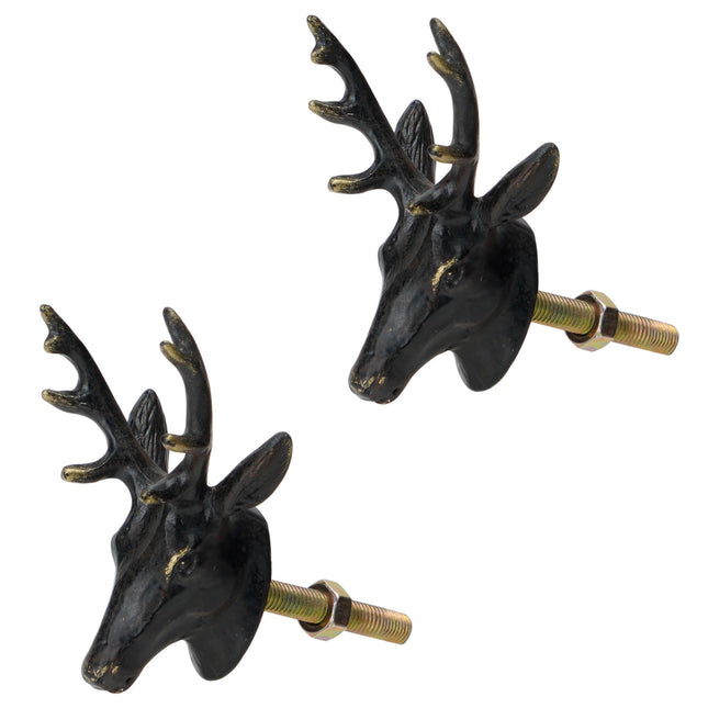 SOFFEE DESIGN 2pcs Black Deer Head Cabinet Metal Knobs, Forest Style, Golden Edge, Antique Dresser Knobs Home Furniture Handle