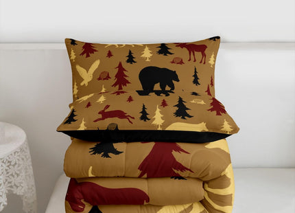 Feelyou Cabin Lodge Bedding Set Soft for Boys Girls, Bear Fox Moose Comforter Set Toddler Size Woodland Wild Animal Duvet Quilt Microfiber Farmhouse Bedroom Decor Brown 2 Pcs with 1 Pillow Cases