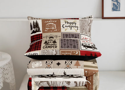 Erosebridal Short Full Comforter for Rv Camper Happy Camping Bunk Comforter Set Rv Camper Accessories Bedding for Travel Trailers, Patchwork Buffalo Plaid Pine Tree Arrow Quilt Set Red Brown