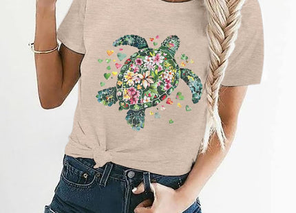 Turtle Tshirts Women Sea Turtle Floral Graphic Tee Short Sleeve,Khaki,XL