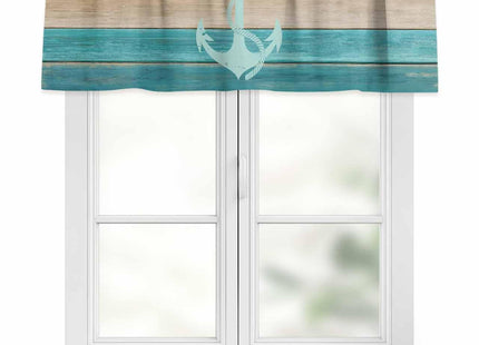 Teal Brown Kitchen Valance Curtain,Rustic Wood Board Window Curtain Topper,Retro Nautical Anchor Rod Pocket Curtain Valances for Bedroom,Short Curtains Window Treatment for Living Room 42x12in