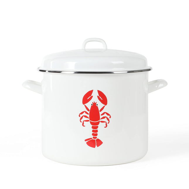 Martha Stewart 16-Quart Enamel on Steel Scratch-Resistant Lobster Stock Pot – Linen – Durable Large Capacity Pot for Boiling, Steaming & Seafood Cooking