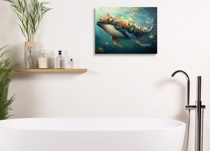 Floral Whale Canvas Wall Art Framed Bright Ocean Fantasy Decor 12x16 Inch