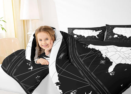 World Map Comforter Set Twin Nautical Theme Bedding Comforters & Sets Black White Duvet Set Campus Sailboat Quilt Comforter, Geography Earth Global Theme Bedroom Decor for Boys Girls Men Women
