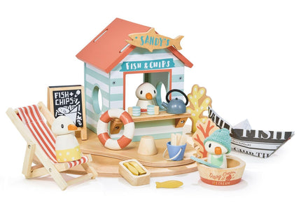 Tender Leaf Toys - Sandy’s Beach Hut - Wooden Toy Seagull Family with Fish and Chips Beach Hut and Accessories - Imaginative Play Set - Develop Creative Storytelling - Fine Motor Skills - Age 3+