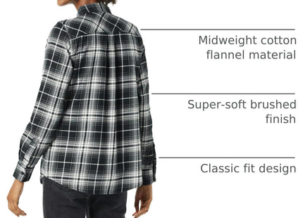 Amazon Essentials Women's Regular-Fit Long-Sleeve Lightweight Plaid Flannel Shirt with Brushed Finish, Shirttail Hem, Black White Large Plaid, Large