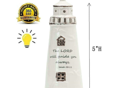 DAILYBREAD Christian Lighthouse Lamp – Small Ceramic Night Light with Bible Verse, Inspirational Faith Gift for Kids, Students,Baptism,Birthday,Journey,Warm Light Up Decor for Bed Room or Desk 5" H