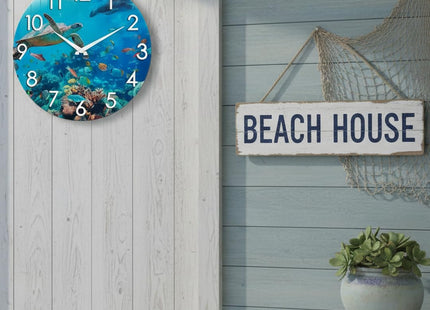 Crosstime 14 Inch Outdoor Clock – Waterproof Tempered Glass with Sea Turtle & Marine Life Theme, UV Resistant, Silent Nautical Coastal Decor Wall Clock for Patio, Pool, Garden, Backyard, Bathroom
