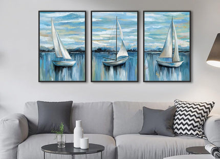 Large Framed Sailboat Wall Art, Tranquil Beach Decor, 24"x36" Set of 3