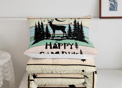 Kids Happy Camping Comforter Set Twin,Cute Deer Camper Bedding Set Rustic Farmhouse Woodland Animal Comforter For Boys Girls Old Barn Door Quilted Duvet Star Moon Pine Tree Decor 2 Pcs Black Green
