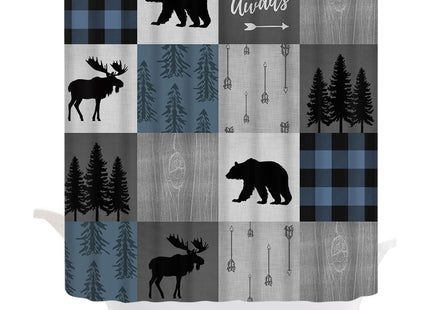 JEJOMEAG Blue Plaid Cabin Shower Curtain for Bathroom Bear Moose Rustic