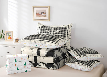 Erosebridal Christmas Bed in A Bag with Sheets Full Black White Plaid Snowflake 7 Piece Comforter Set Rustic Farmhouse Winter Holiday Bedding Set Buffalo Check Bedding Comforter for Cabin Lodge