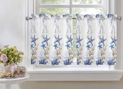 Ocean Beach Starfish Kitchen Curtain 24 Inch Length Small Short Cafe Tiers Drape, Blue Coastal Coral Shell Nautical Boat Window Treatment Rod Pocket Bathroom Bedroom Drapery Panels Curtains, 55x24