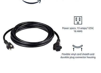 Amazon Basics Extension Cord, 10 Ft, 3-Prong Outlet Extender, Indoor, 13 Amps, 125V, Black, 2-Pack