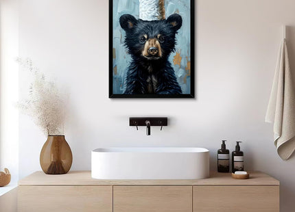 Framed Funny Black Bear Bathroom Canvas Wall Art Adorable Bear with Toilet Paper Painting picture Wall Decor Cute Animal Poster Print Artwork for Bathroom Modern Nursery Humor Home Decor 12x16 in