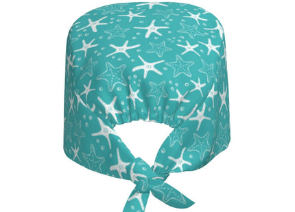 Summer Beach Coastal Sea Star Shells Starfish Blue Background Working Cap Scrub Cap with Sweatband Adjustable Unisex Women Tie Back Hat Nurse Surgical Caps